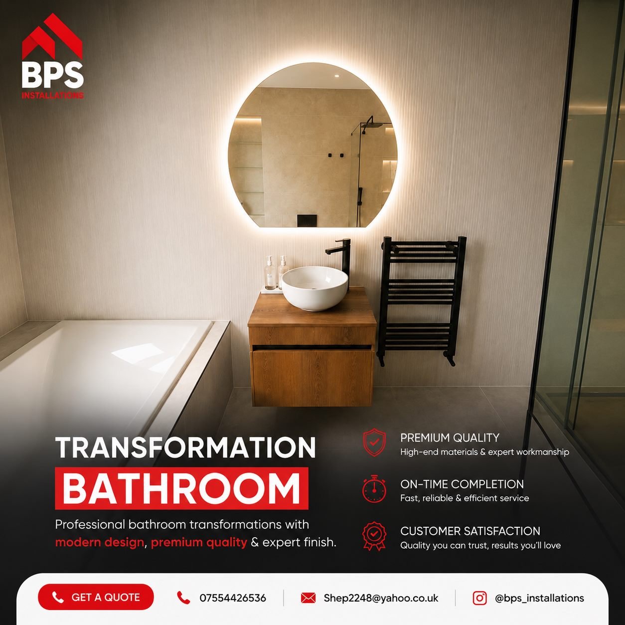 Luxury bathroom with backlit circular mirror, vessel sink on wood vanity and black heated towel rail
