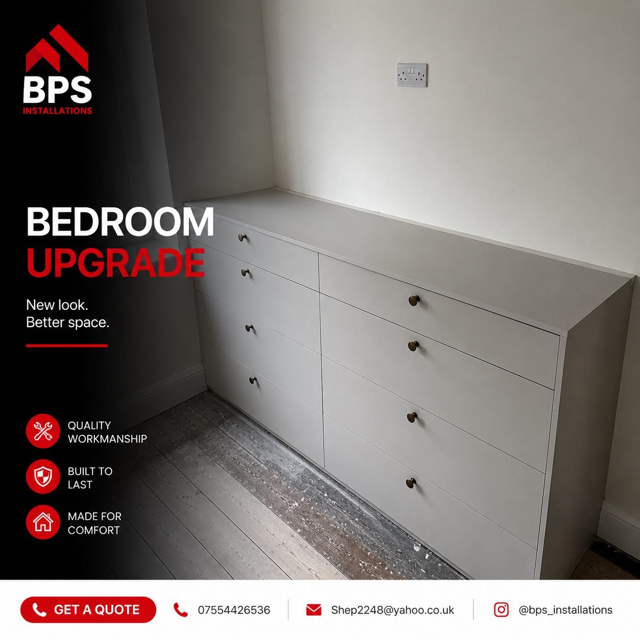 Bespoke fitted bedroom chest of drawers finished in soft grey