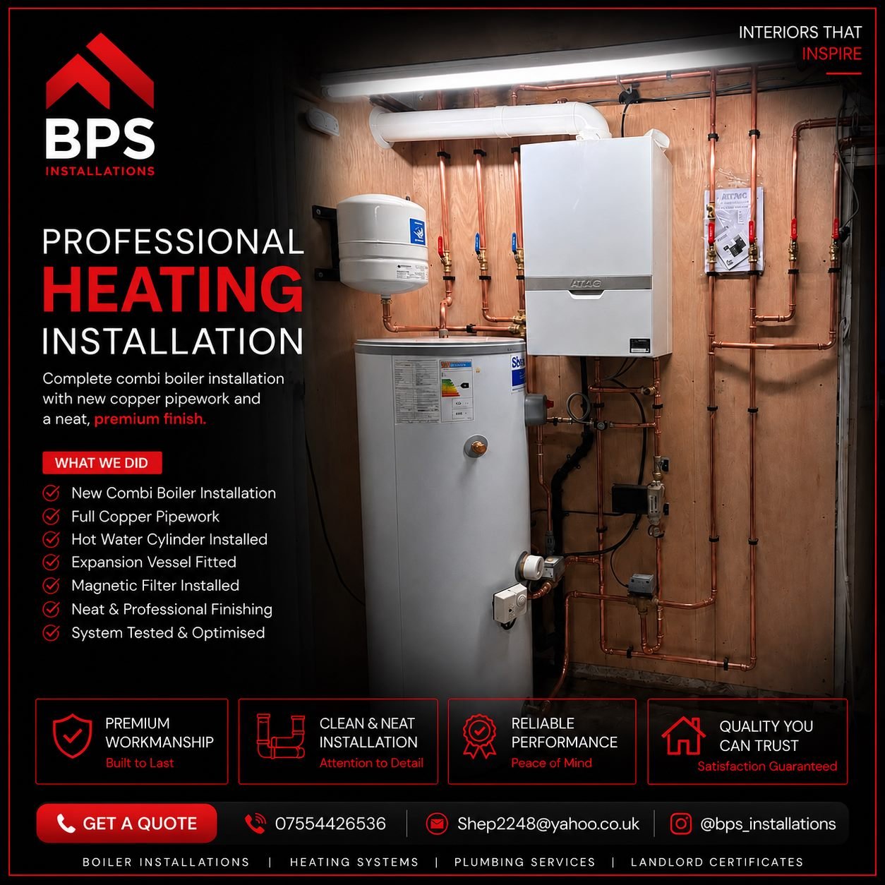 Combi boiler installation with hot water cylinder and neat copper pipework