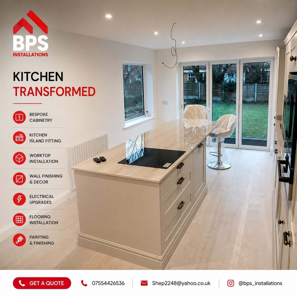 Cream shaker kitchen island with marble-effect worktop and bifold doors opening onto the garden