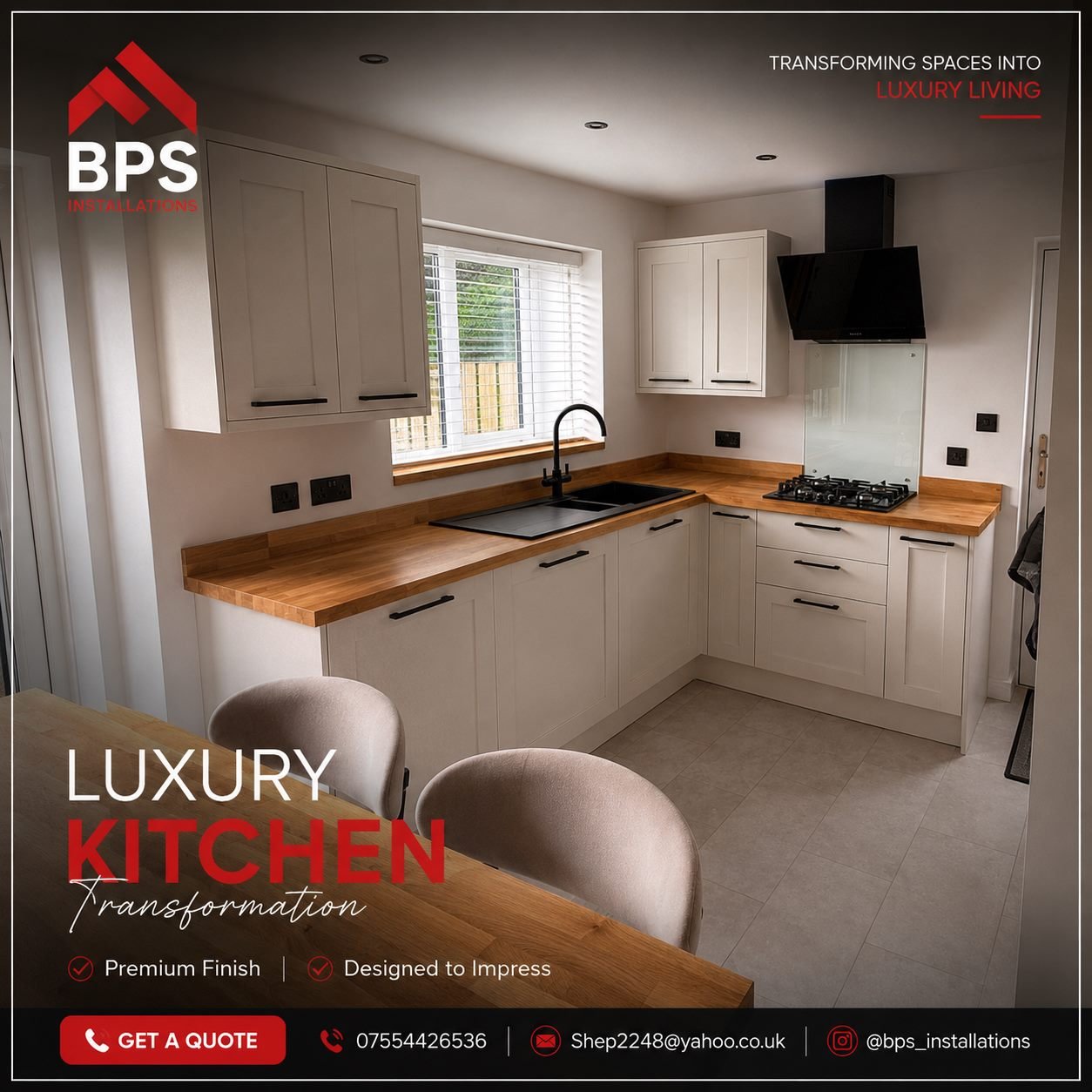 Cream shaker kitchen with solid oak worktops, black tapware and matching breakfast bar