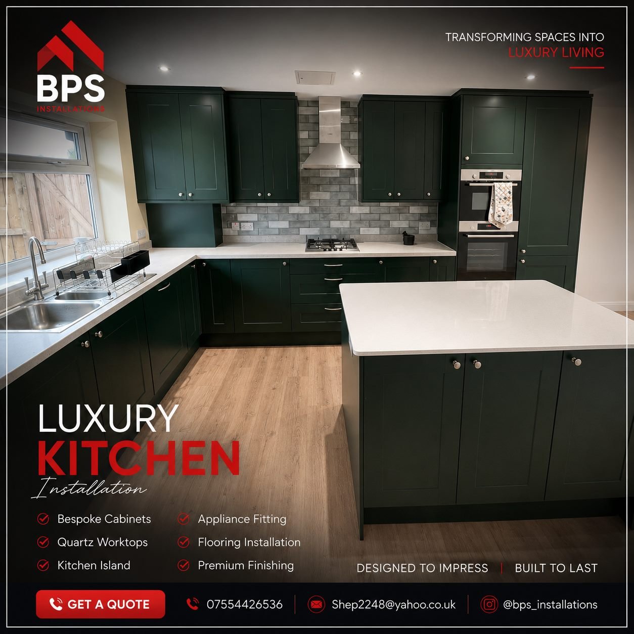 Dark green shaker kitchen with central island, quartz worktops and metro tile splashback