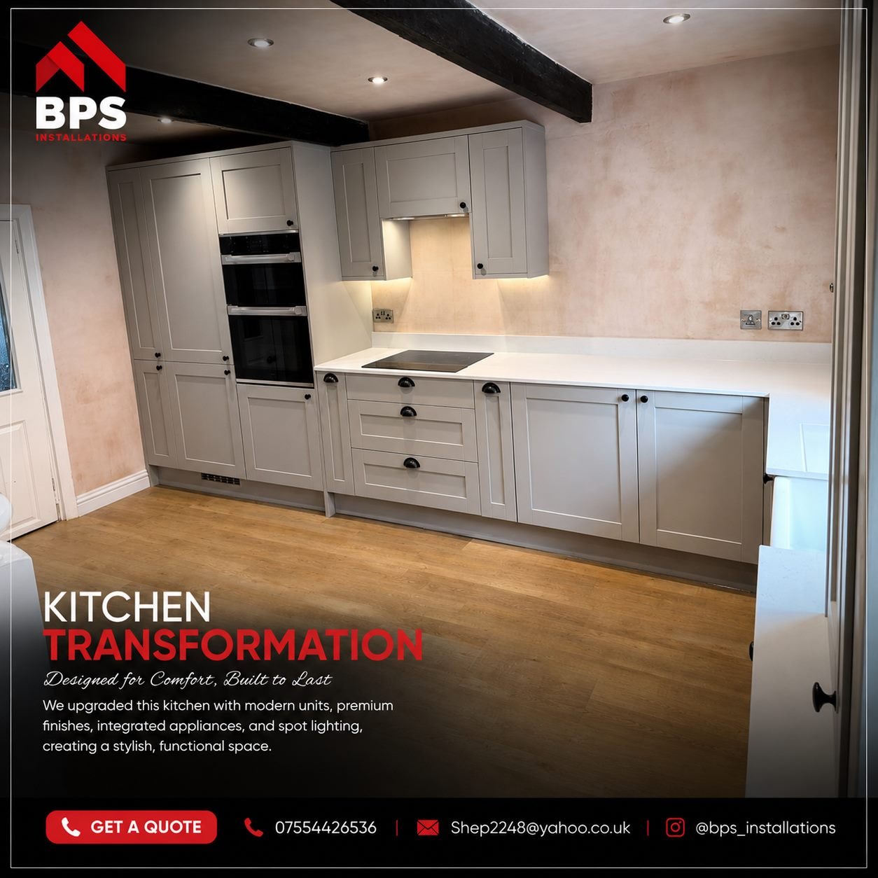 Grey shaker kitchen renovation with exposed ceiling beam, reflecting BPS Installations' craftsmanship
