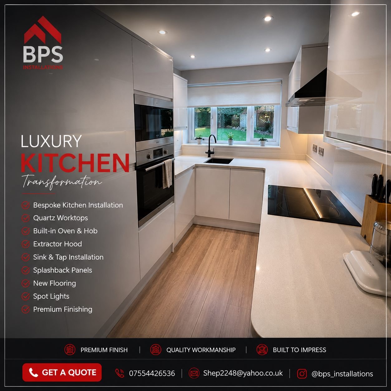 White gloss galley kitchen with quartz worktops, integrated oven and induction hob