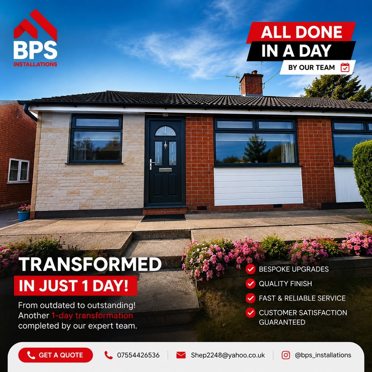 Bungalow exterior renovation with new composite door, stone cladding and garage door