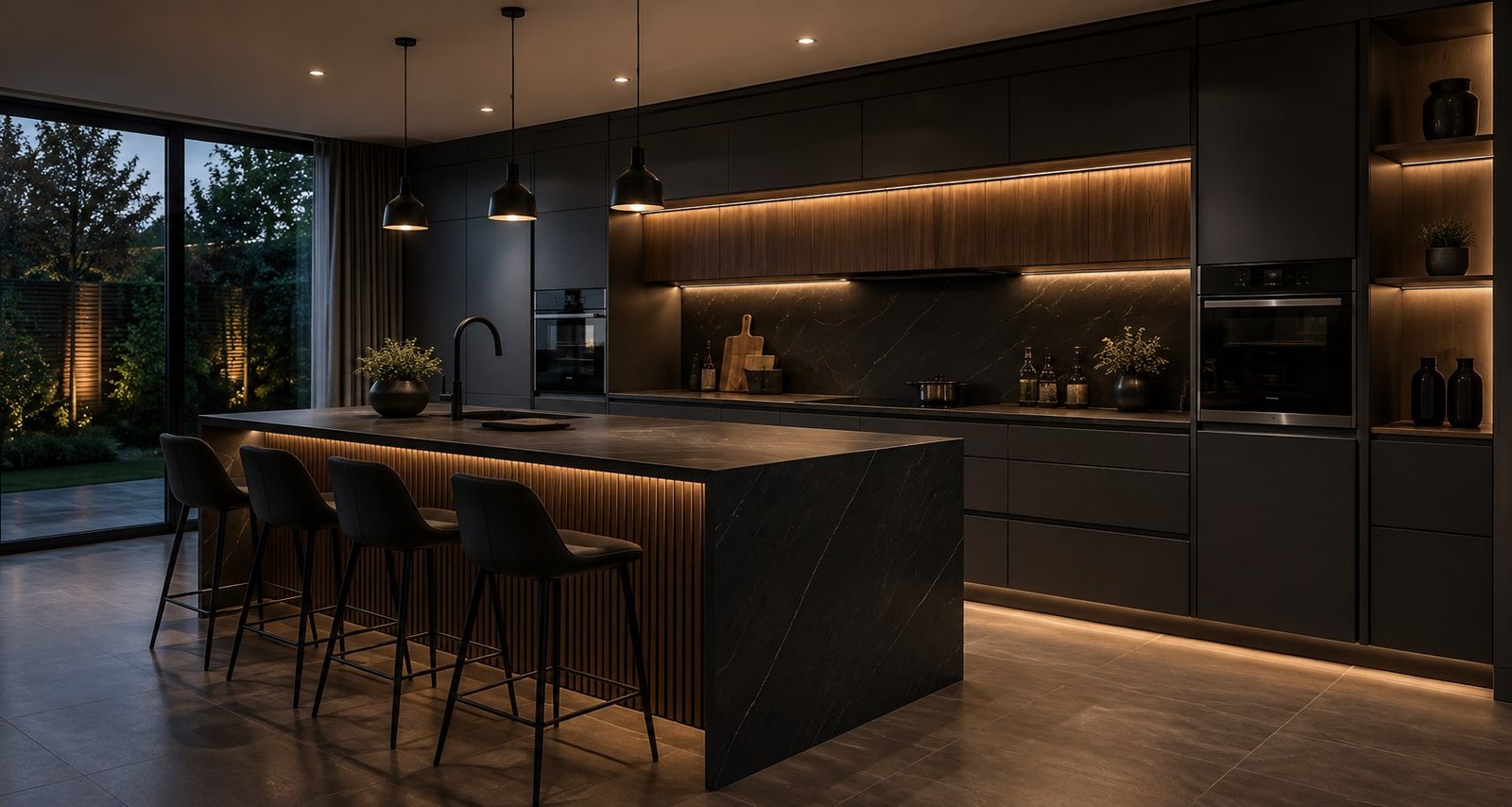 Luxury dark matte kitchen renovation with marble island, warm under-cabinet lighting and bifold doors onto the garden